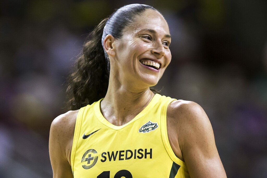 Seattle Storm guard Sue Bird laughs between plays during a WNBA basketball game against the Washington Mystics, Sunday, July 8, 2018, in Seattle